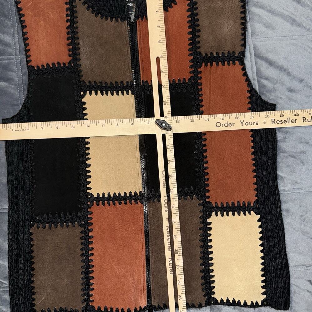 Vintage Artisan Leather Suede Patchwork Vest Boho 90s Zip Designer Studio M - Picture 9 of 9